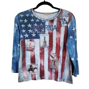 Vintage 90s Y2K Studio Gem Q. American Flag Casual Stretch Long Sleeve T Shirt